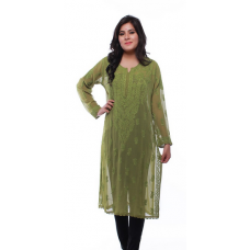Ada Hand Embroidered Large Green Faux georgette Lucknow Chikankari Long Kurti